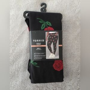Torrid Black Leggings with Red Rose Design